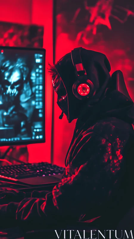 Hooded gamer wearing mask and headset in red neon room.