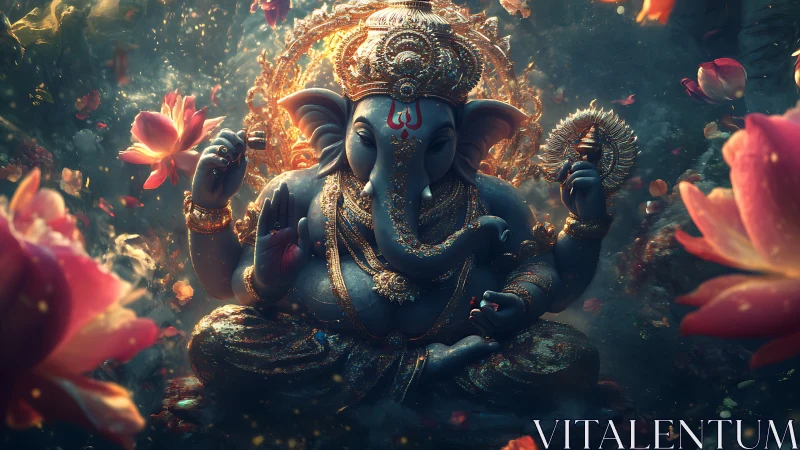 Digital painting of luminous seated Ganesha amid lotus bloom.