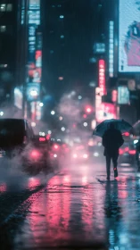 Pedestrian silhouette on wet neon city street at night.