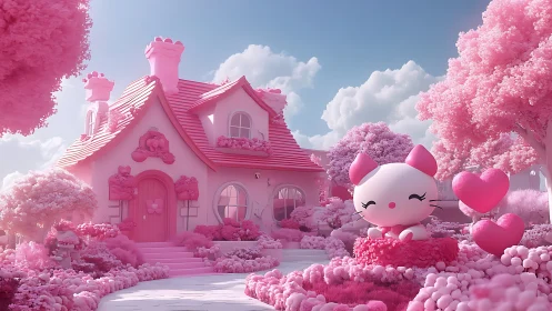 Monochrome pink cottage with kawaii feline landscape rendering.