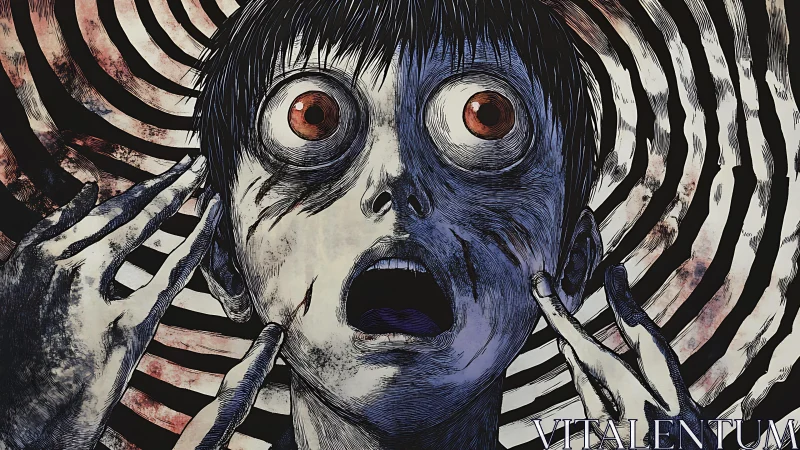 Terrified figure consumed by spiraling horror pattern.