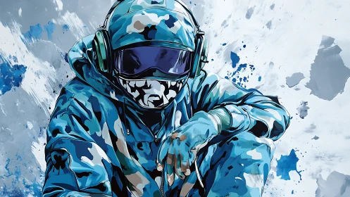 Hooded figure in blue camouflage gear with headphones posed.
