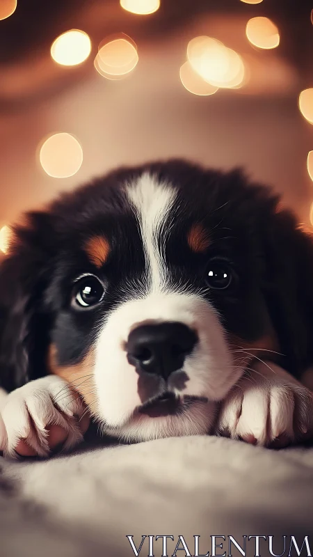 Puppy close-up portrait under warm bokeh lighting in focus