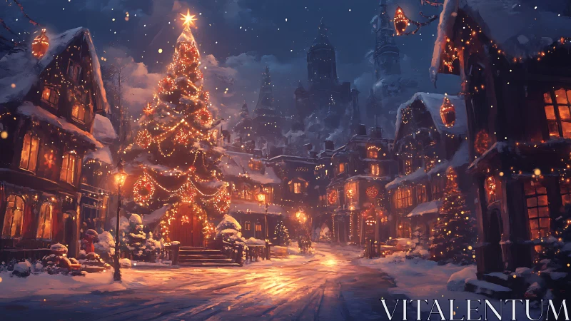 Snowlit village boulevard crowned by glowing Christmas giant.