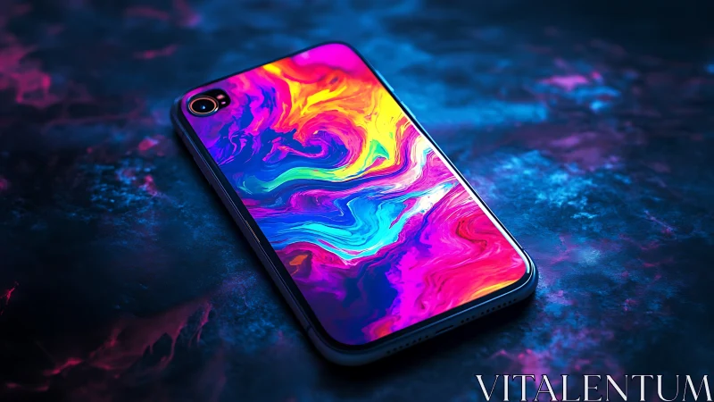 Liquid gradient smartphone display with iridescent fluid dynamics rendered in vibrant neon spectrum