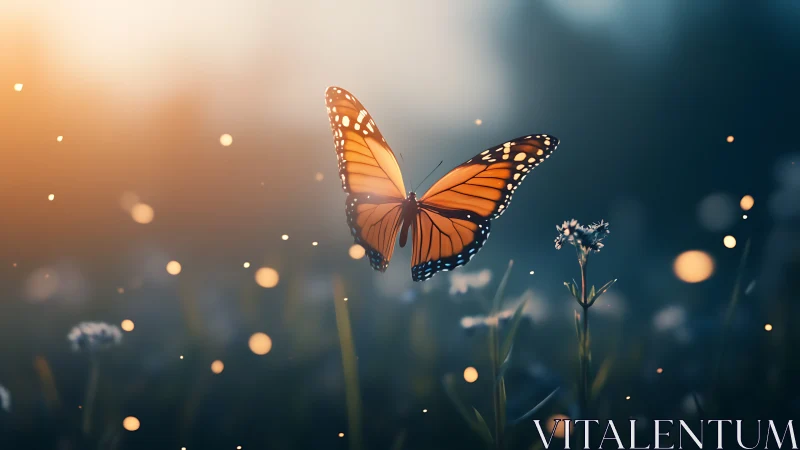 Monarch butterfly in cinematic dusk meadow glow.