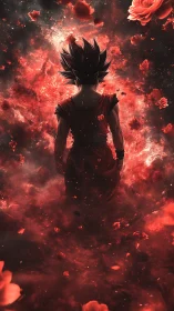 Backlit spiky-haired warrior in red nebular rose explosion