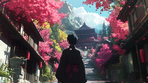 Solitary figure ascending temple path under vivid sakura canopy.