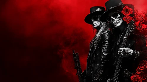 Rocking outlaw duo stands bold in red smoke and roses
