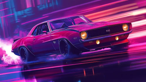 Retro muscle car drifts through neon city street at night