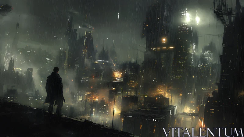 Rain-soaked cyberpunk sentinel above neon-drowned cityscape.