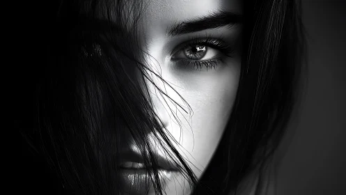 Soft shadows frame a thoughtful gaze in gentle monochrome.