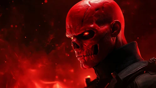 Red skeletal humanoid head rendered in stark side profile