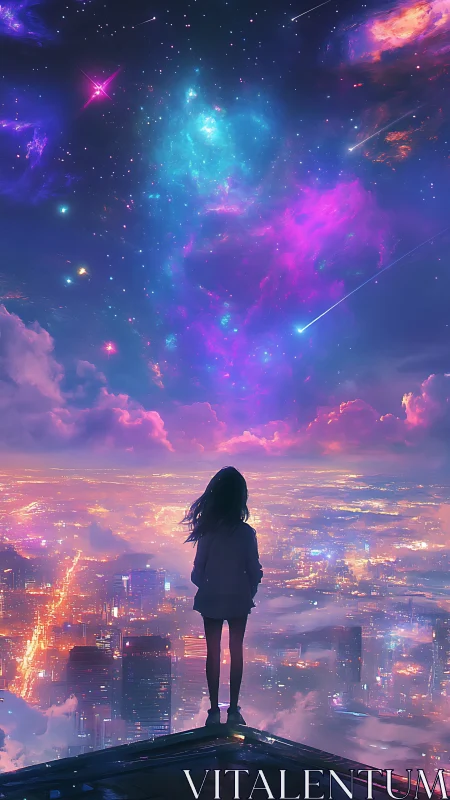 Girl on rooftop gazes into neon cosmic night sky in wonder