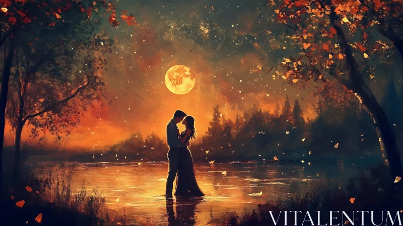 A Romantic Moment Beneath the Golden Moon Over Still Waters