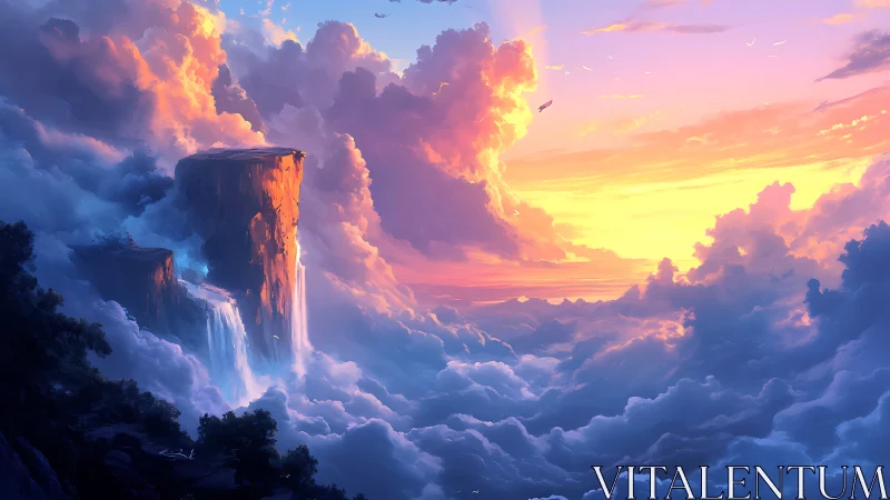 Floating cliffs with waterfalls rising above dense sunset clouds