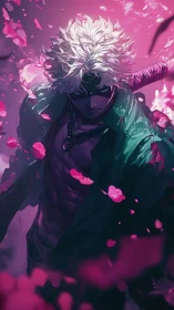 Masked swordsman strides through storm of neon petals.