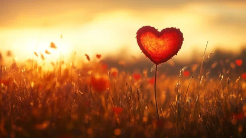 Red Heart-Shaped Object in Golden Field at Sunset