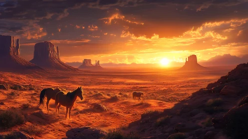 Wild desert horses wandering through a glowing sunset horizon.