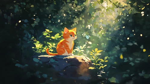 Orange kitten on forest rock under filtered daylight.