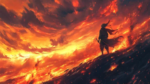 Warrior silhouetted against massive inferno in dramatic landscape.