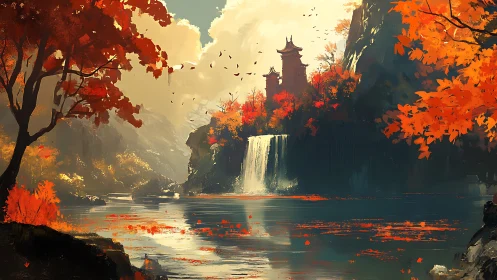 Golden autumn waterfall cradles a quiet hilltop temple