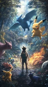 Forest trainer encounter with flying Charizard and Pikachu