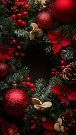 Photorealistic Christmas wreath with ornaments and deep vignette.