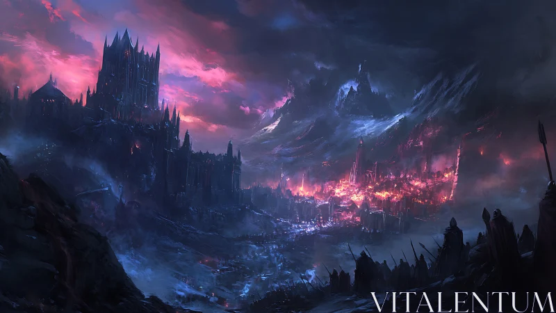 Burning dark citadel dominates storm-swept volcanic valley