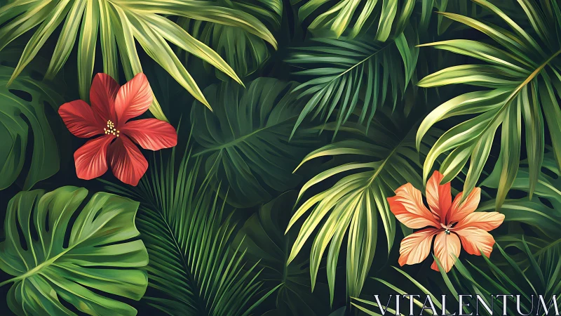 Lush tropical leaves cradling bold hibiscus blooms.