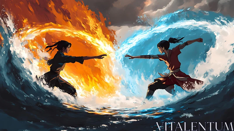 Opposed elemental figures within mirrored fire and water arcs.