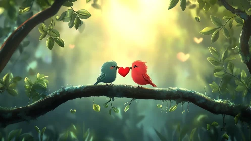 Two Birds Hold Red Heart on Moss-Covered Branch