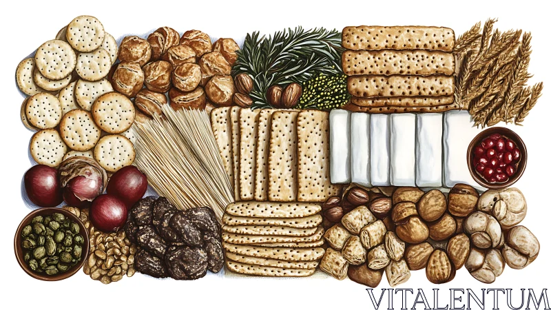 Rustic snack board celebrates crackers, nuts, herbs and grains