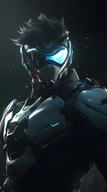 Futuristic cyber warrior in reflective armored exosuit