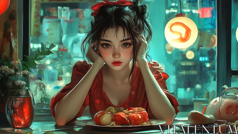 Young woman sits at restaurant table staring at camera