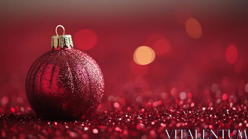 Red glitter bauble rendered with shallow depth of field