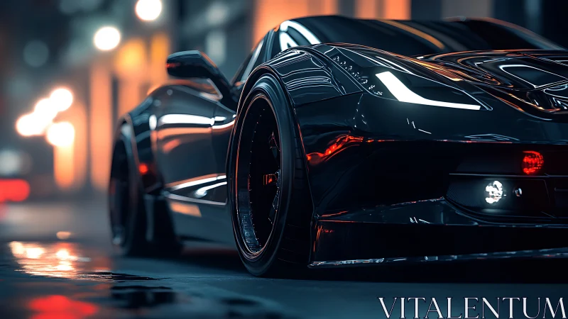 Low-angle view of black sports car under urban night lighting.