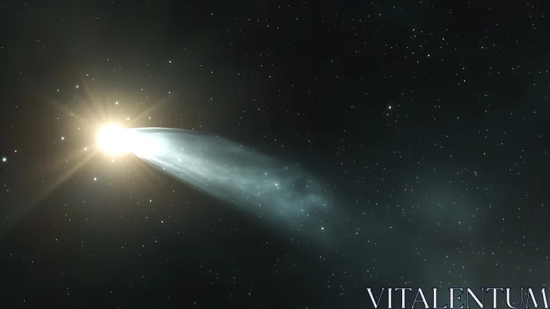 Radiant comet streaking through dense starfield at night.