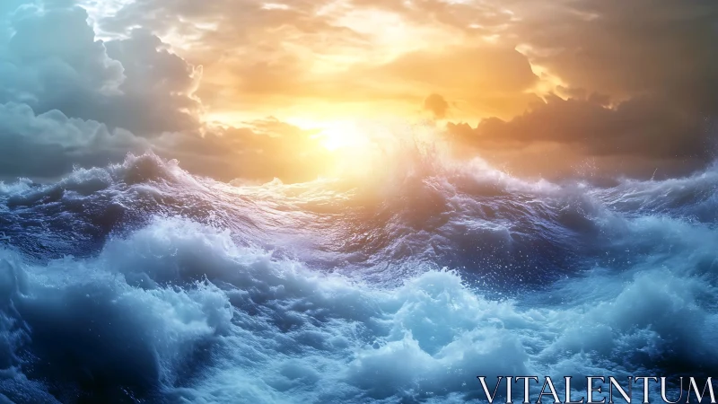Digital seascape rendering depicts turbulent waves at sunset