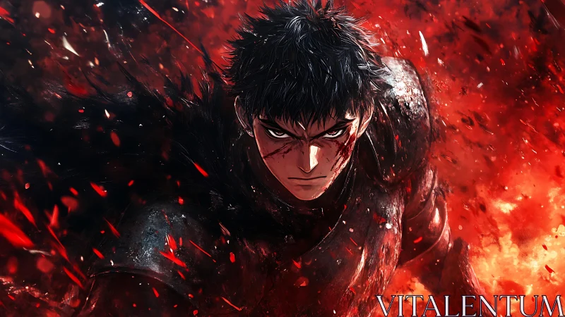 Brooding warrior strides through a storm of fire and embers.