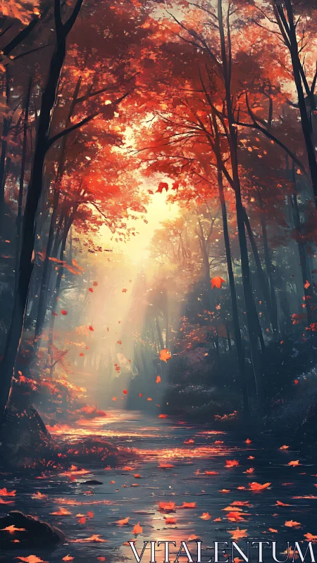 Forest stream in autumn with falling leaves and directional light.