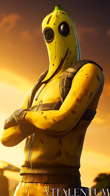 Humanoid banana character in tactical outfit at sunset.