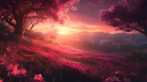 Sunset bathes a fantasy cherry blossom valley in glowing serenity