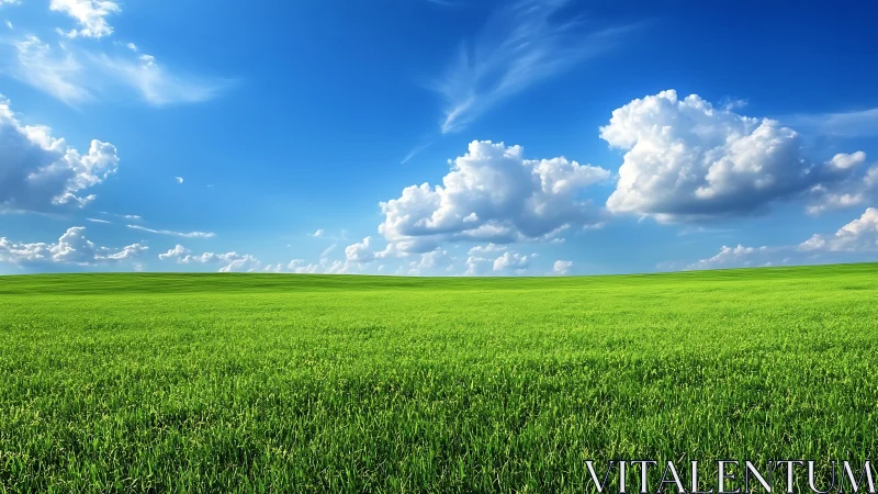 Extensive grass field meets clouded blue sky on horizon line