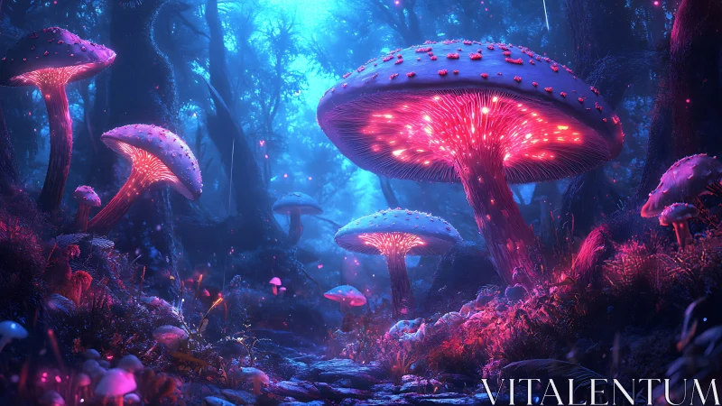 Bioluminescent mushroom forest glows under misty twilight