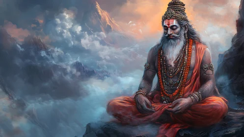 Himalayan sage in deep meditation amid swirling cloudscape.