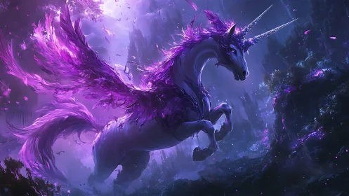 Majestic purple winged unicorn in glowing fantasy forest.