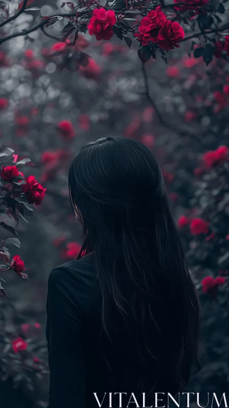 Woman with long dark hair stands among red rose bushes