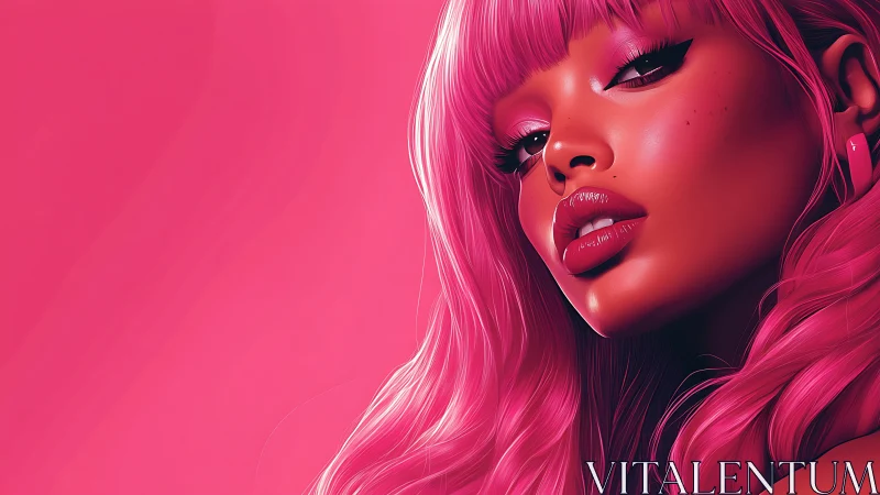 Close-up digital portrait of woman in monochrome pink tones.