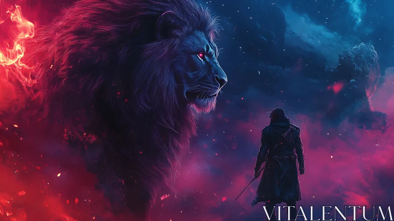 Spectral neon lion confronting cloaked swordsman in voidscape.